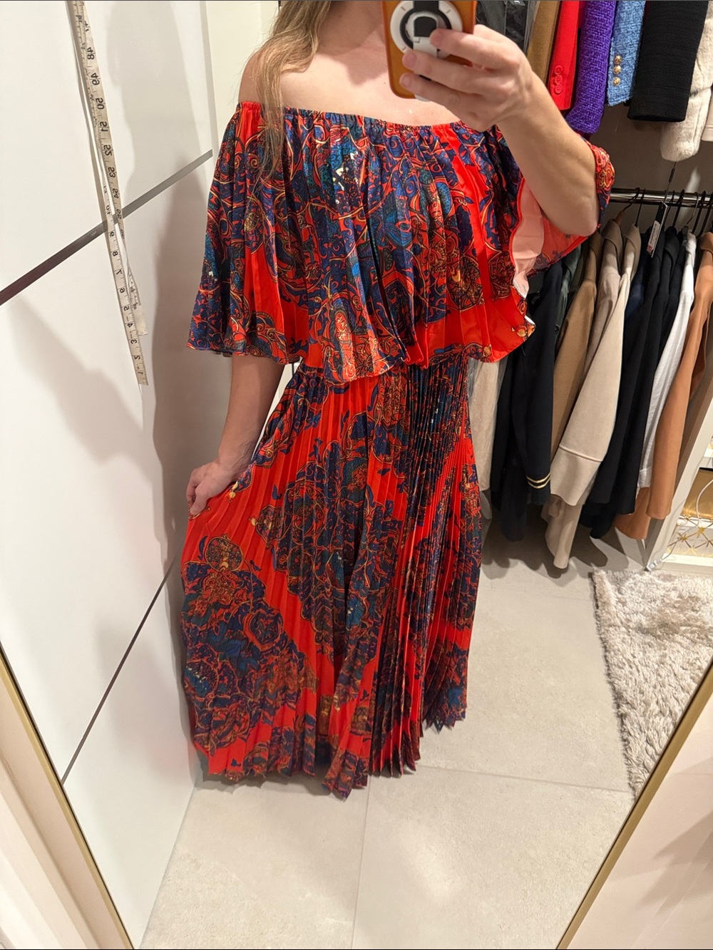 Akira Off-Shoulder Orange/Red print Pleated Maxi Dress Small NWT